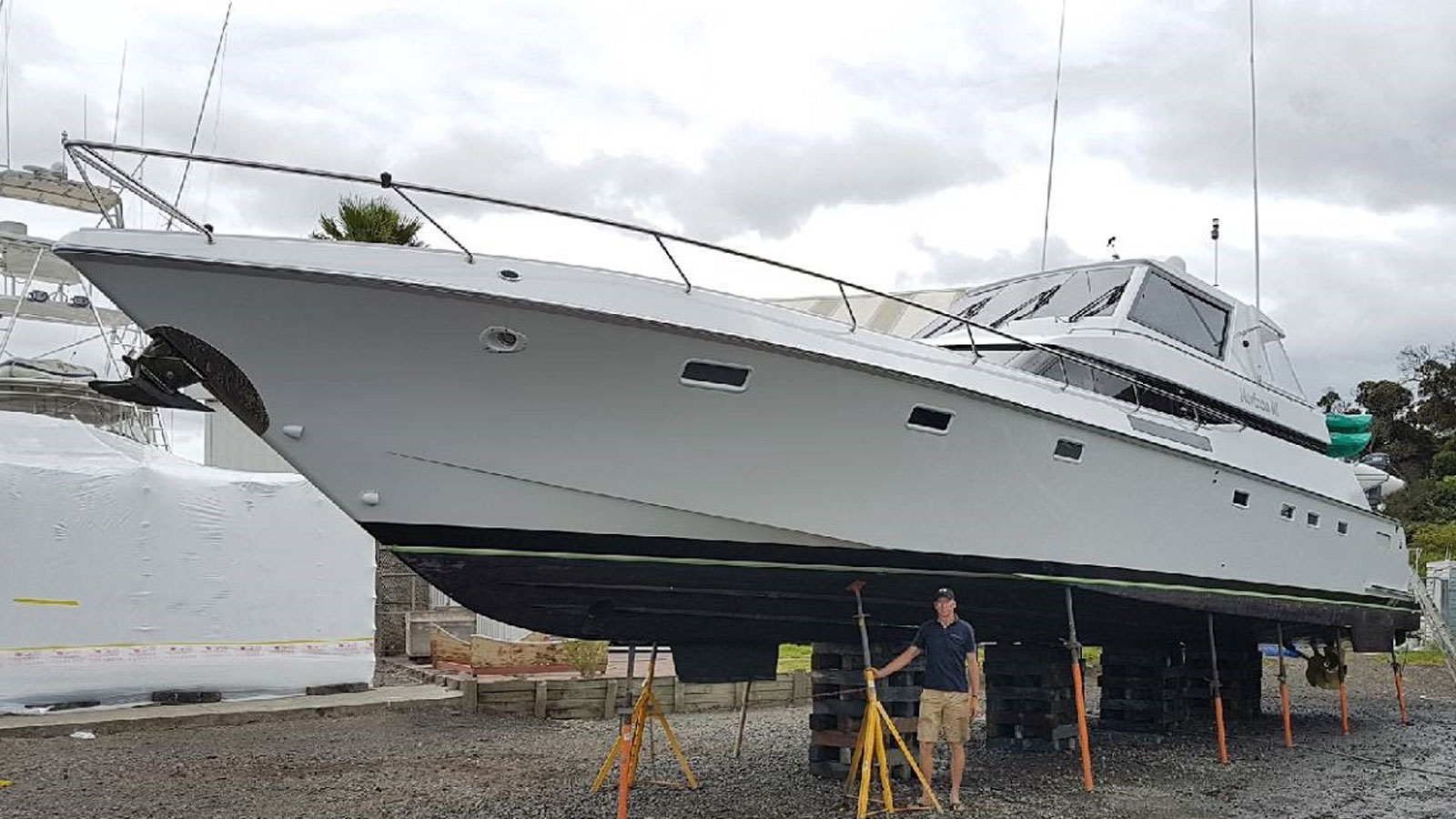 70 foot Warwick motor yacht, Horizon III, on the hard