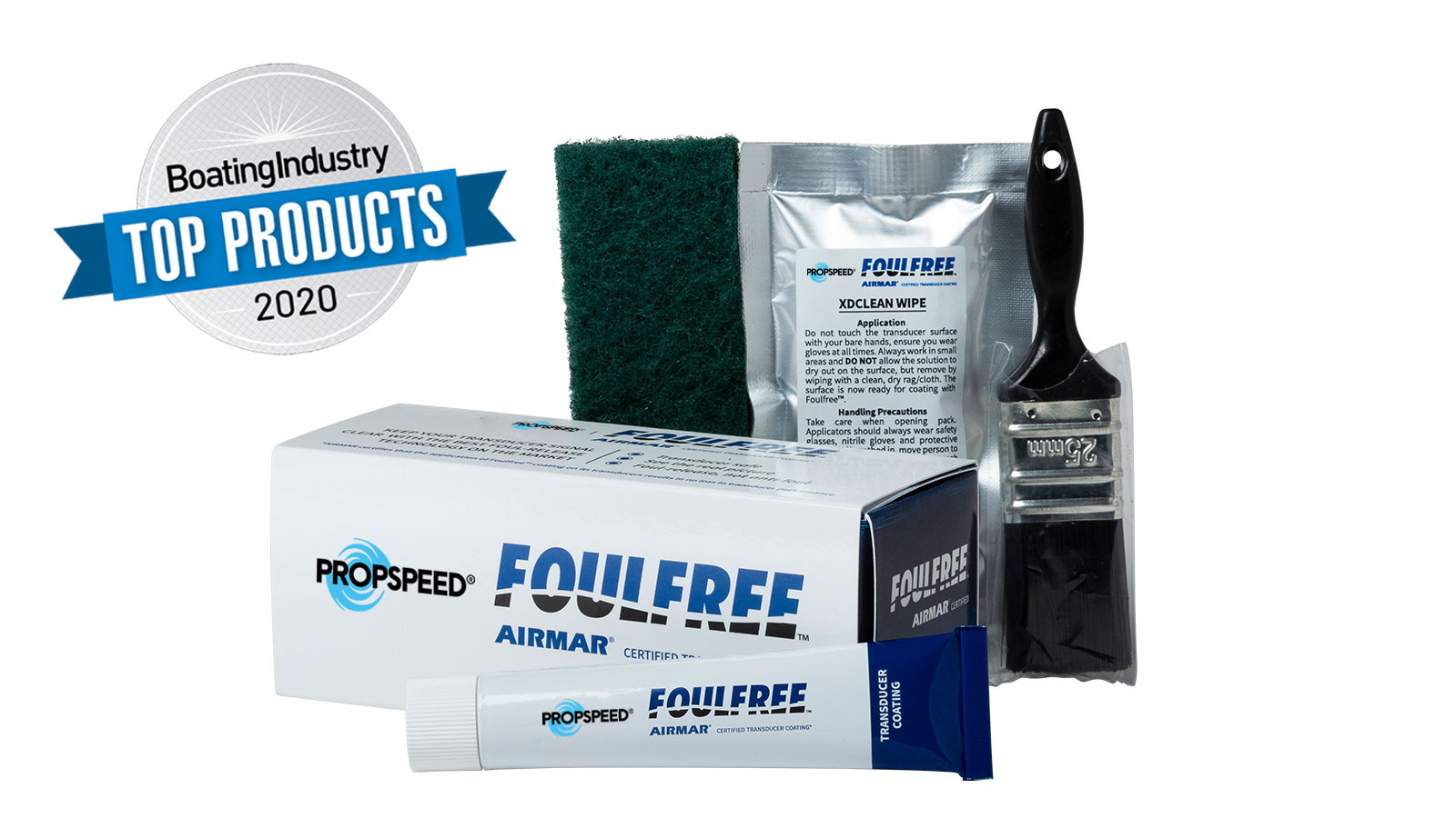 Foulfree kit pictured with Boating Industry Top Products 2020 sticker
