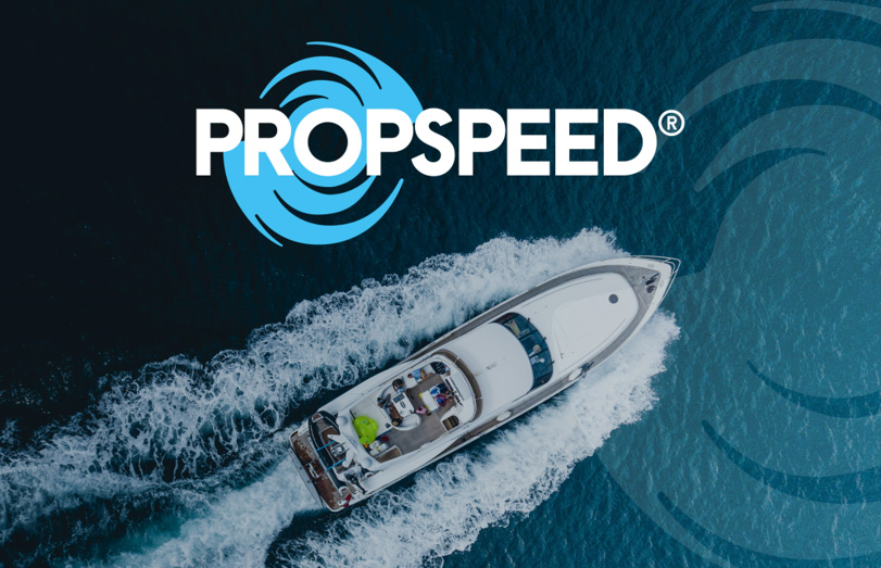 Motoryacht at sea and new Propspeed logo