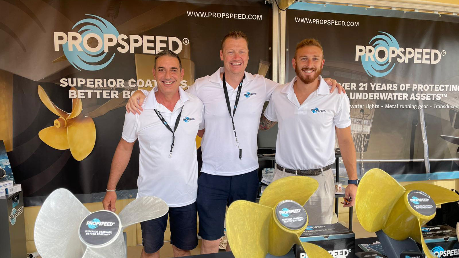 Albert Olocan, Matt Forbes, Simone Bertolini at Propspeed stand at Palma Superyacht Show 2021